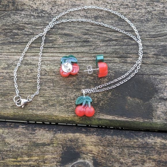 Handcrafted Cherry Necklace and Earring Set - Picture 2 of 4